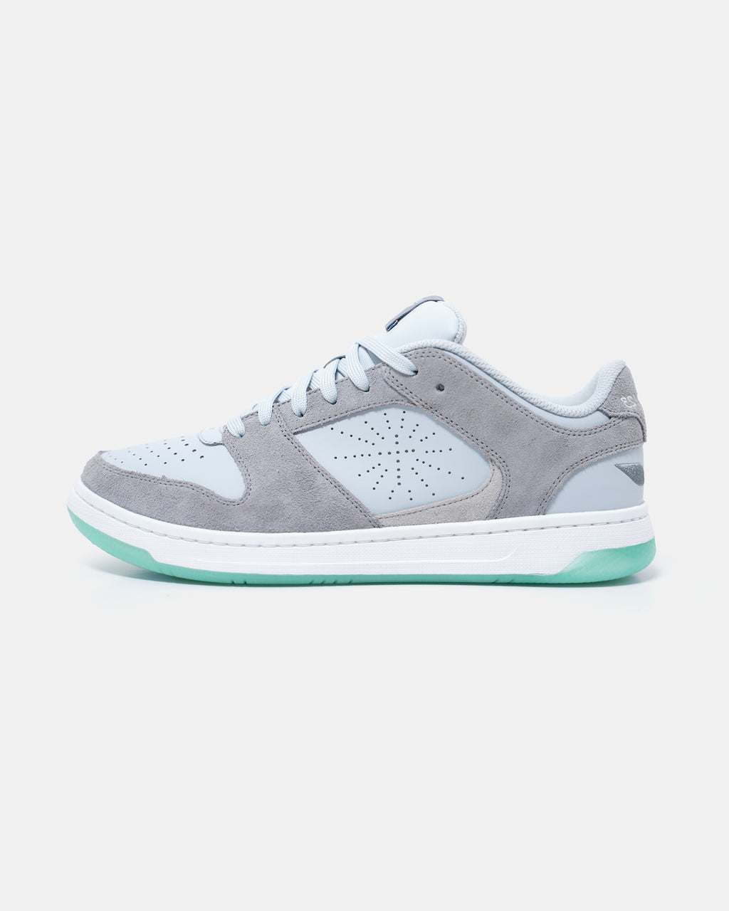 Immanuel 1 Grey shoe, left-facing side view with perforated cross detail