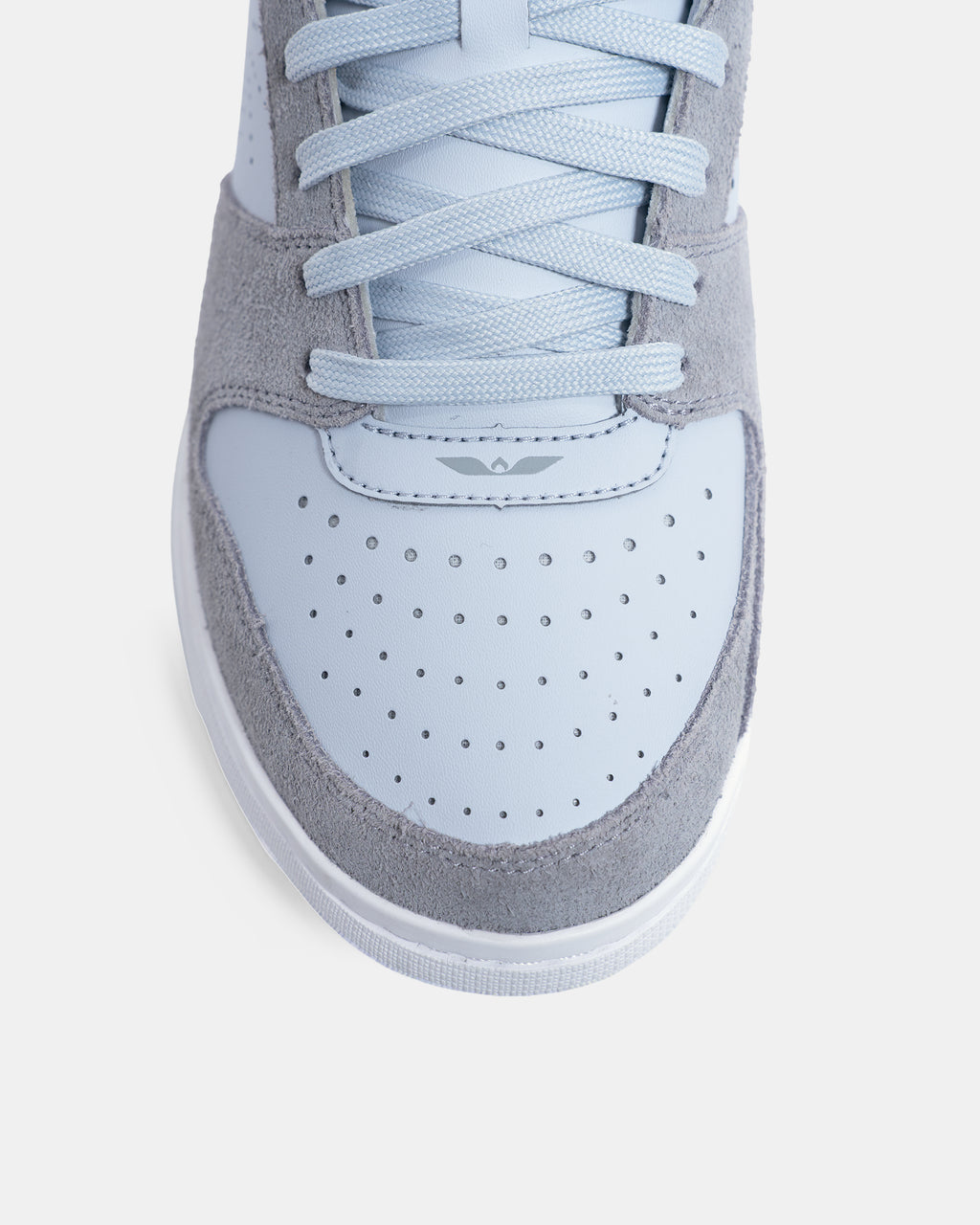 Top view of the gray Unitus Immanuel 1 toe box and lacing.