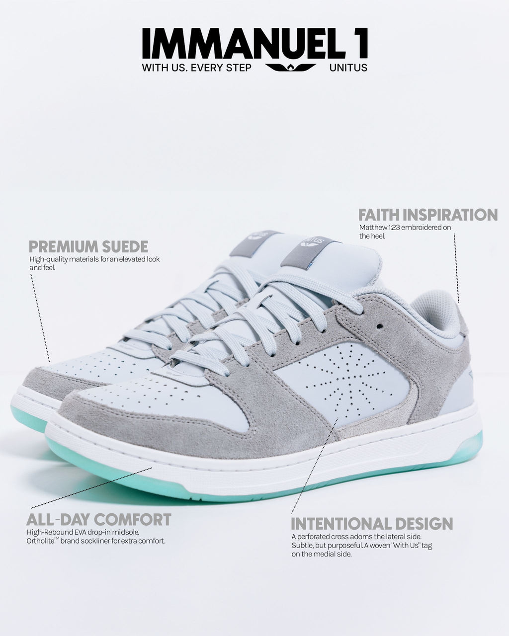 Immanuel 1 Grey shoes with feature callouts for premium suede, faith inspiration, all-day comfort, and intentional design
